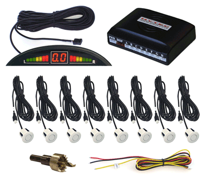 Front and Rear Parking Sensor System with 8 White Sensors and LED display with Built-in Audible Alert
